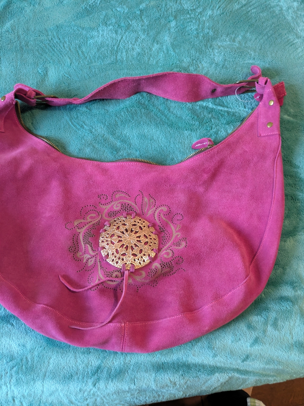 Fuchsia Suede Hobo Bag with Decorative Medallion